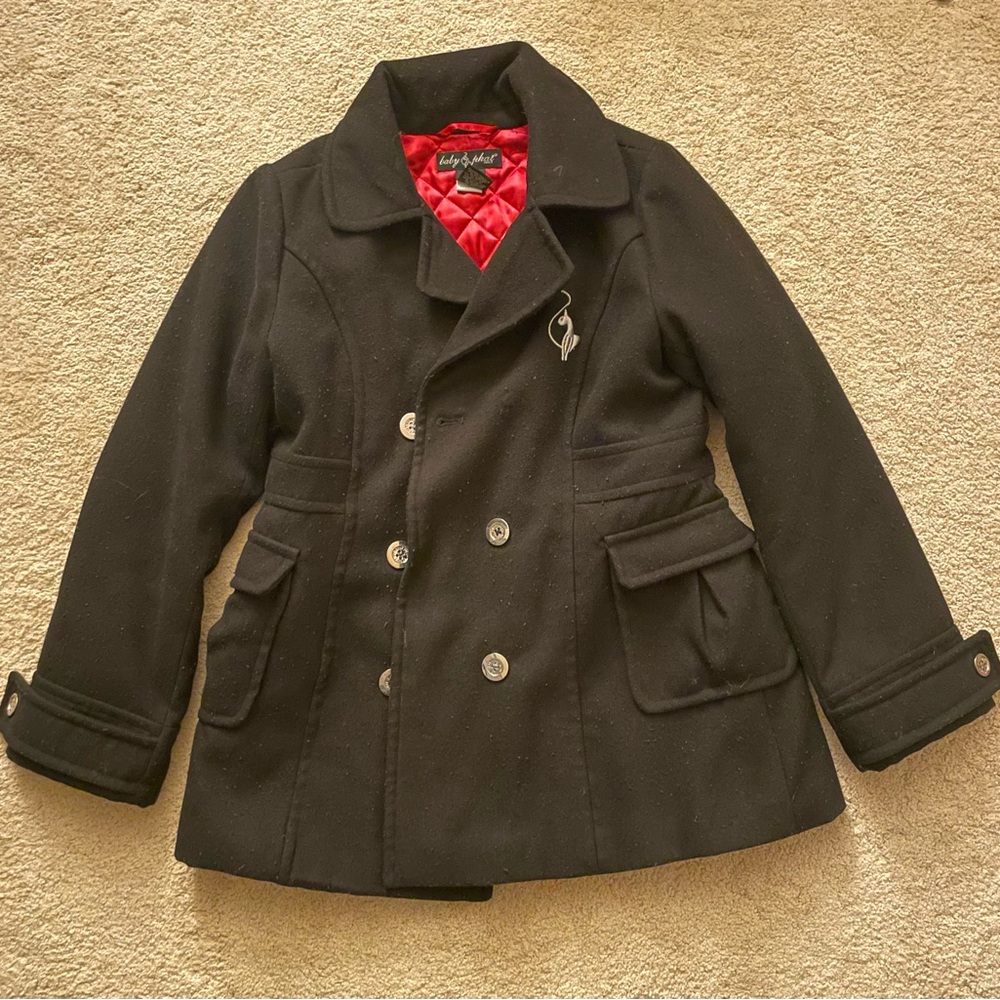 Baby Phat black coat with pockets and pink interior lining and cat logo